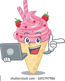 Cartoon character of strawberry ice cream clever student studying with a laptop