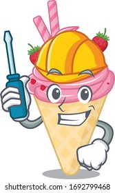 cartoon character of strawberry ice cream worked as an automotive