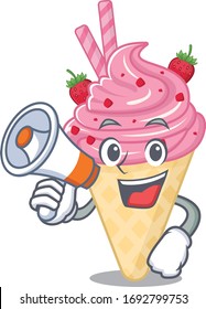 Cartoon character of strawberry ice cream having a megaphone