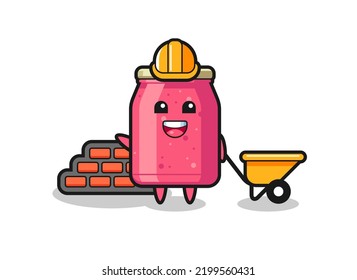 Cartoon character of strawberry jam as a builder , cute design