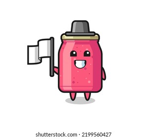 Cartoon character of strawberry jam holding a flag , cute design