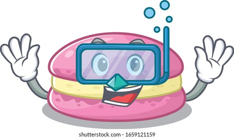cartoon character of strawberry macarons wearing Diving glasses