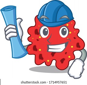 Cartoon character of streptococcus pneumoniae brainy Architect with blue prints and blue helmet