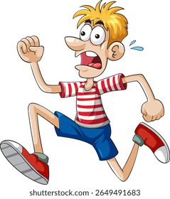 Personagem de desenho animado com camisa listrada e shorts correndo em pânico, apresentando expressões exageradas e movimento dinâmico