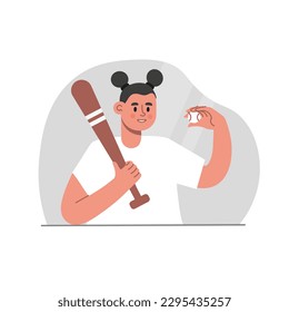Cartoon character of strong young woman playing baseball. American sports game. Doing professional sports. Concept of good physical condition and active lifestyle. Vector