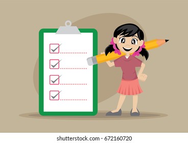 Cartoon character, Students Girl hold pencils for checking., vector eps10