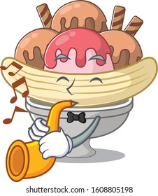 cartoon character style of banana split performance with trumpet
