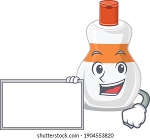 Cartoon character style of body lotion holding a white board. Vector illustration