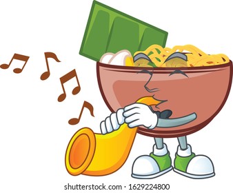 cartoon character style of bowl of noodle performance with trumpet