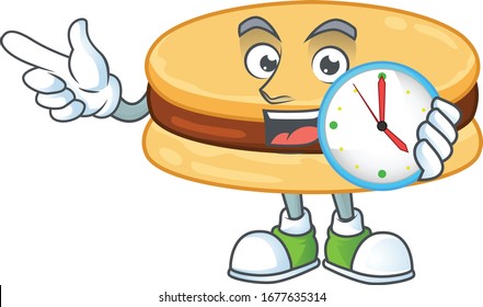 cartoon character style of cheerful brown alfajor with clock