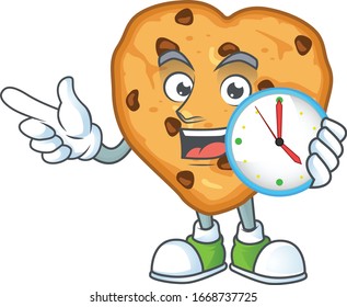 cartoon character style of cheerful chocolate chips love with clock