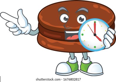 cartoon character style of cheerful chocolate alfajor with clock