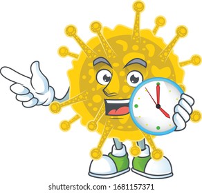 cartoon character style of cheerful coronavirus pandemic with clock