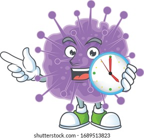 cartoon character style of cheerful coronavirus influenza with clock