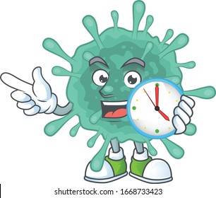 cartoon character style of cheerful coronaviruses with clock