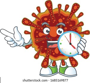 cartoon character style of cheerful deadly coronvirus with clock