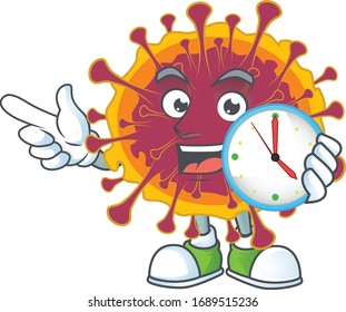 cartoon character style of cheerful spreading coronavirus with a clock 