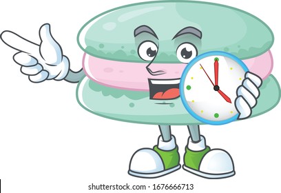 cartoon character style of cheerful vanilla blue macarons with clock