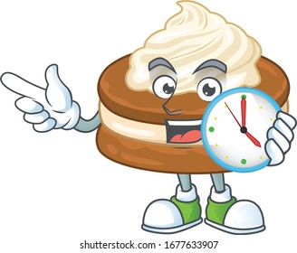 cartoon character style of cheerful white cream alfajor with clock