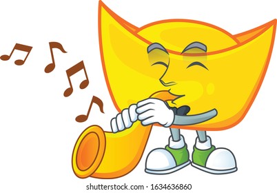 cartoon character style of chinese gold ingot performance with trumpet