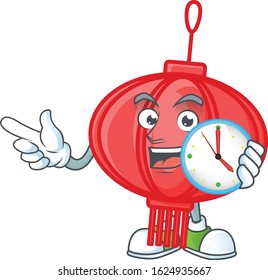 cartoon character style chinese lampion having clock
