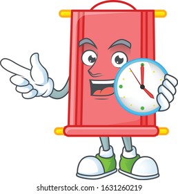 cartoon character style chinese red scroll having clock