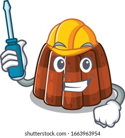 cartoon character style chocolate pudding working as an automotive