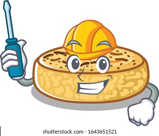 cartoon character style crumpets working as an automotive