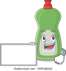 Cartoon character style of dishwashing liquid holding a white board. Vector illustration