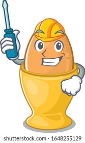cartoon character style egg cup working as an automotive