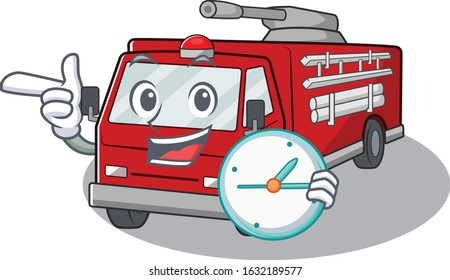 cartoon character style fire truck having clock