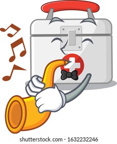 cartoon character style of first aid kit performance with trumpet