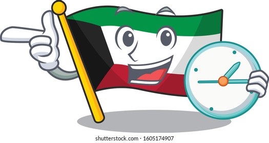 cartoon character style flag kuwait having clock