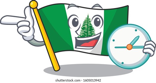 cartoon character style flag norfolk island having clock