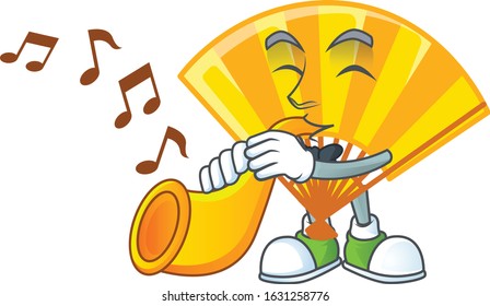 cartoon character style of gold chinese folding fan performance with trumpet