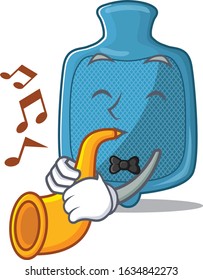 cartoon character style of hot water bag performance with trumpet