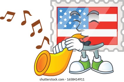 cartoon character style of independence day stamp playing a trumpet