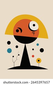 Personagem de desenho animado no estilo de Joan Miro Abstract Painting with Geometric Shapes. Vetor.