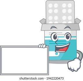 Cartoon character style of medical medicine bottle holding a white board. Vector illustration