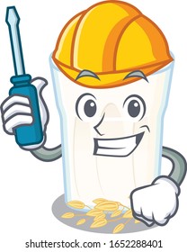 cartoon character style oats milk working as an automotive