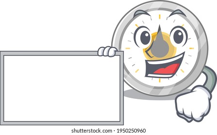 Cartoon character style of old kitchen timer holding a white board. Vector illustration