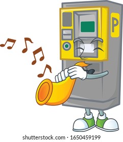 cartoon character style of parking ticket machine playing a trumpet