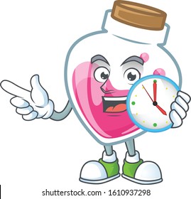 cartoon character style pink potion having clock