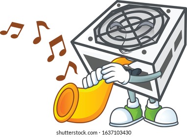 cartoon character style of power supply unit white color playing a trumpet