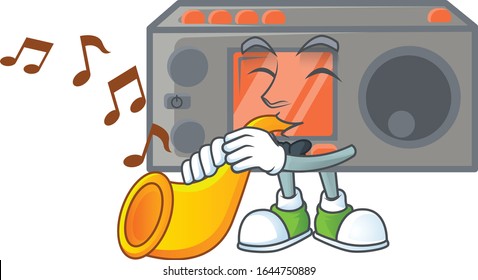 cartoon character style of radio transceiver playing a trumpet