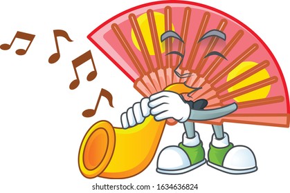 cartoon character style of red chinese folding fan performance with trumpet