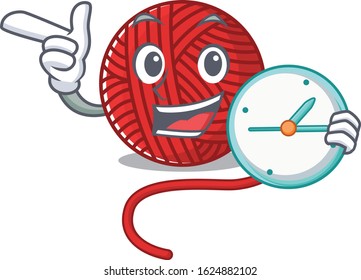 cartoon character style red wool yarn having clock