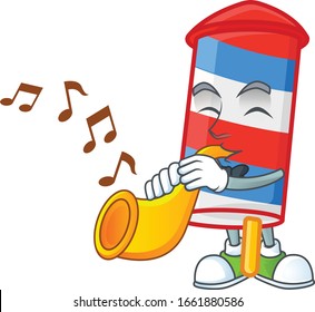 cartoon character style of rocket USA stripes playing a trumpet