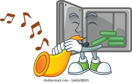 cartoon character style of security box open playing a trumpet