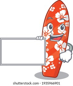 Cartoon character style of surfboard holding a white board. Vector illustration